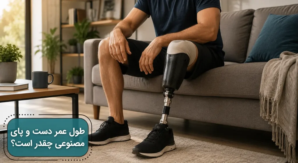 طول عمر دست و پای مصنوعی چقدر است؟ | تصویری از یک فرد که با پای مصنوعی روی مبل نشسته است