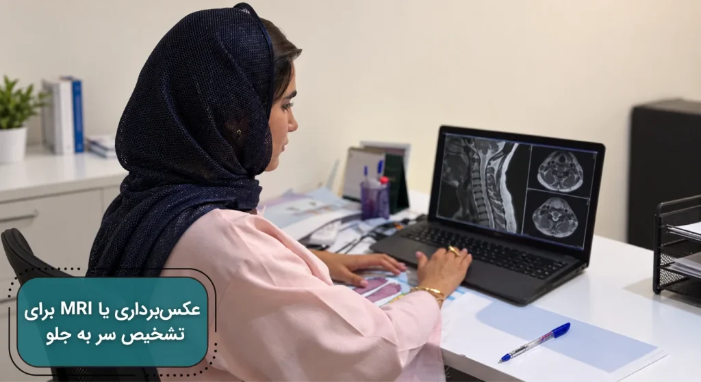 متخصص در حال بررسی تصاویر MRI ستون فقرات گردنی روی لپتاپ برای ارزیابی مشکلات گردن