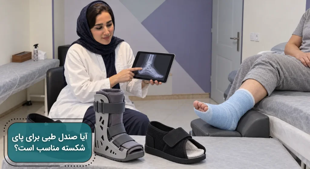 متخصص ارتوپدی دکتر مهسا فاطمی در حال بررسی عکس پای گچ‌گرفته کنار بوت و صندل طبی