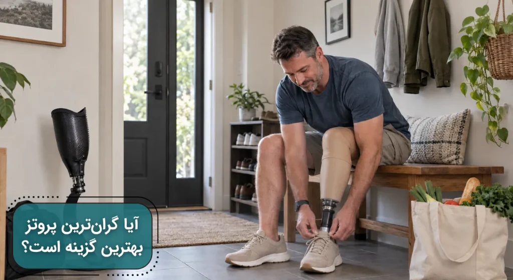 مردی در حال بستن بند کفش روی پای مصنوعی خود در فضای خانه