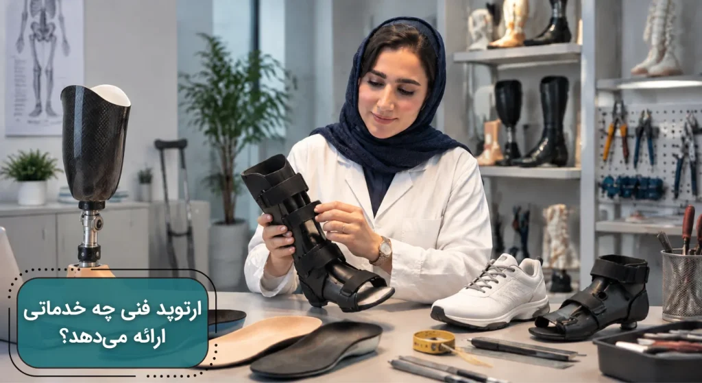 دکتر مهسا فاطمی متخصص ارتوپدی فنی، در حال بررسی و تنظیم بریس در کنار کفی و وسایل ارتوپدی