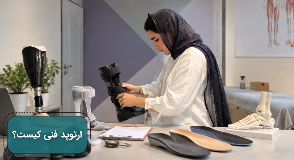 متخصص ارتوپدی فنی در حال تنظیم بریس در کنار پروتز و کفی طبی