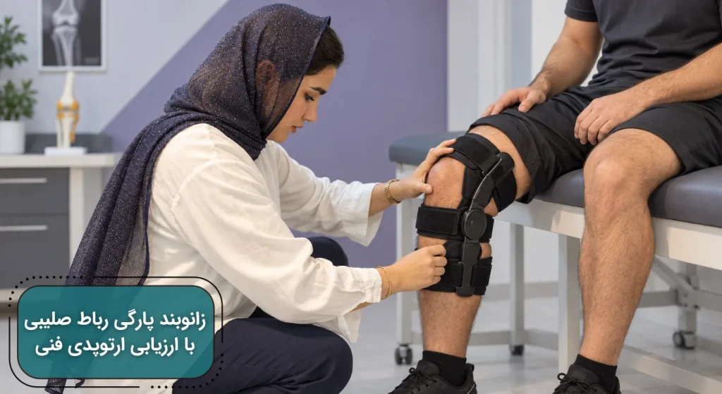 متخصص ارتوپدی فنی در حال تنظیم زانوبند برای پارگی رباط صلیبی