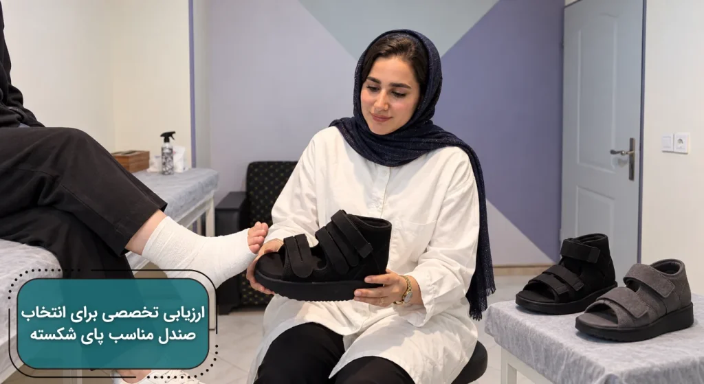 دکتر مهسا فاطمی متخصص ارتوپد فنی در حال بررسی پای بانداژشده و انتخاب صندل طبی مناسب