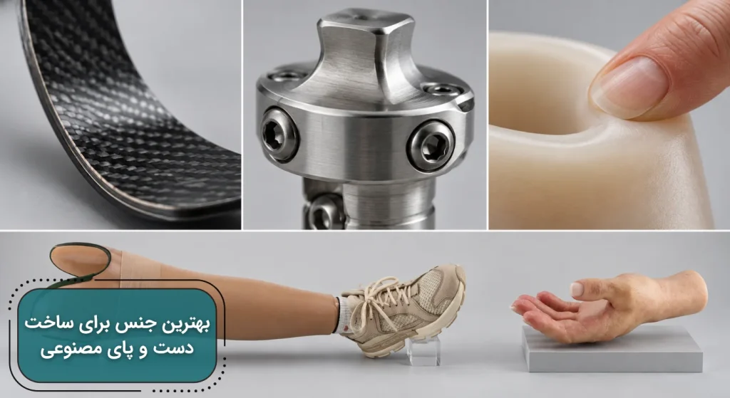 تصویری از از اجزای پروتز شامل فیبر کربن، اتصال فلزی، لاینر سیلیکونی، پای مصنوعی و دست مصنوعی