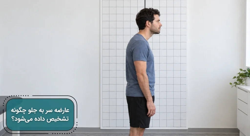 نمای جانبی مردی با قرارگیری سر جلوتر از شانهها در برابر صفحه شطرنجی ارزیابی پاسچر