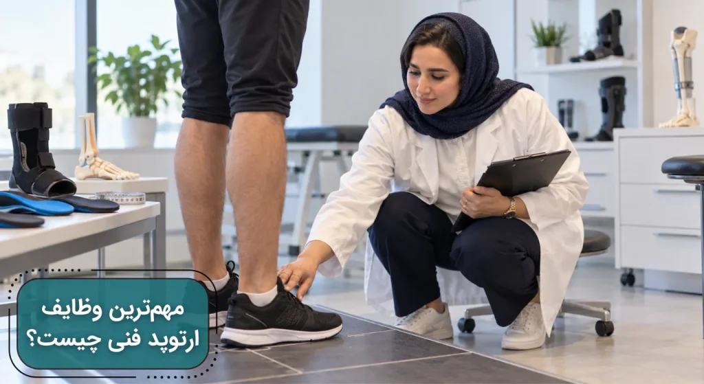 متخصص ارتوپدی فنی در حال ارزیابی وضعیت پا و راه رفتن مراجعه‌کننده