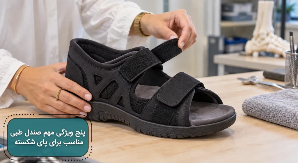 پزشک در حال تنظیم بند چسبی صندل طبی مشکی با زیره ضخیم