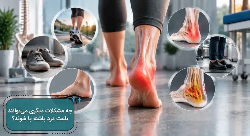 نمایش عوامل مختلف درد پاشنه شامل کفش نامناسب، دویدن، ایستادن و التهاب تاندونها
