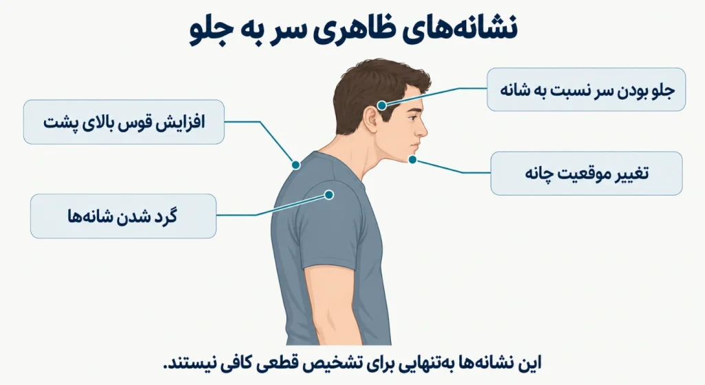 تصویری اینفوگرافیک از یک فرد که نشانه های ظاهری وضعیت سر به جلو را توضیح داده است